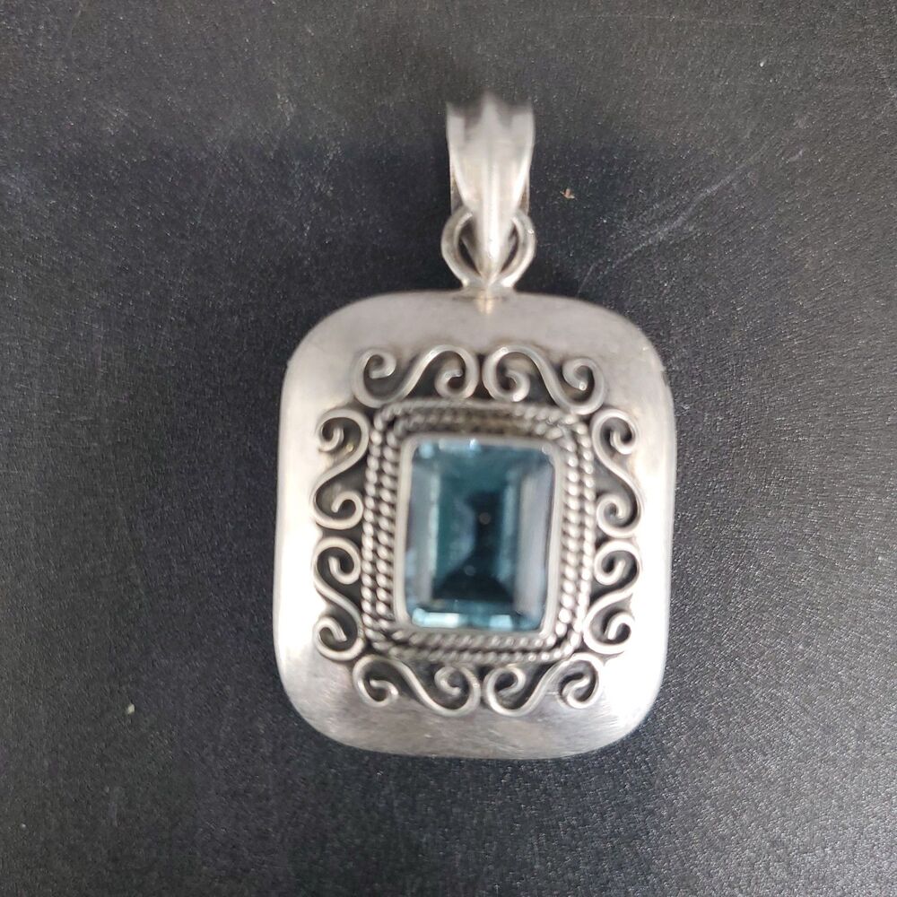 Vintage Sterling Silver 925 Blue Topaz Pendant Ornate Square 1.75"